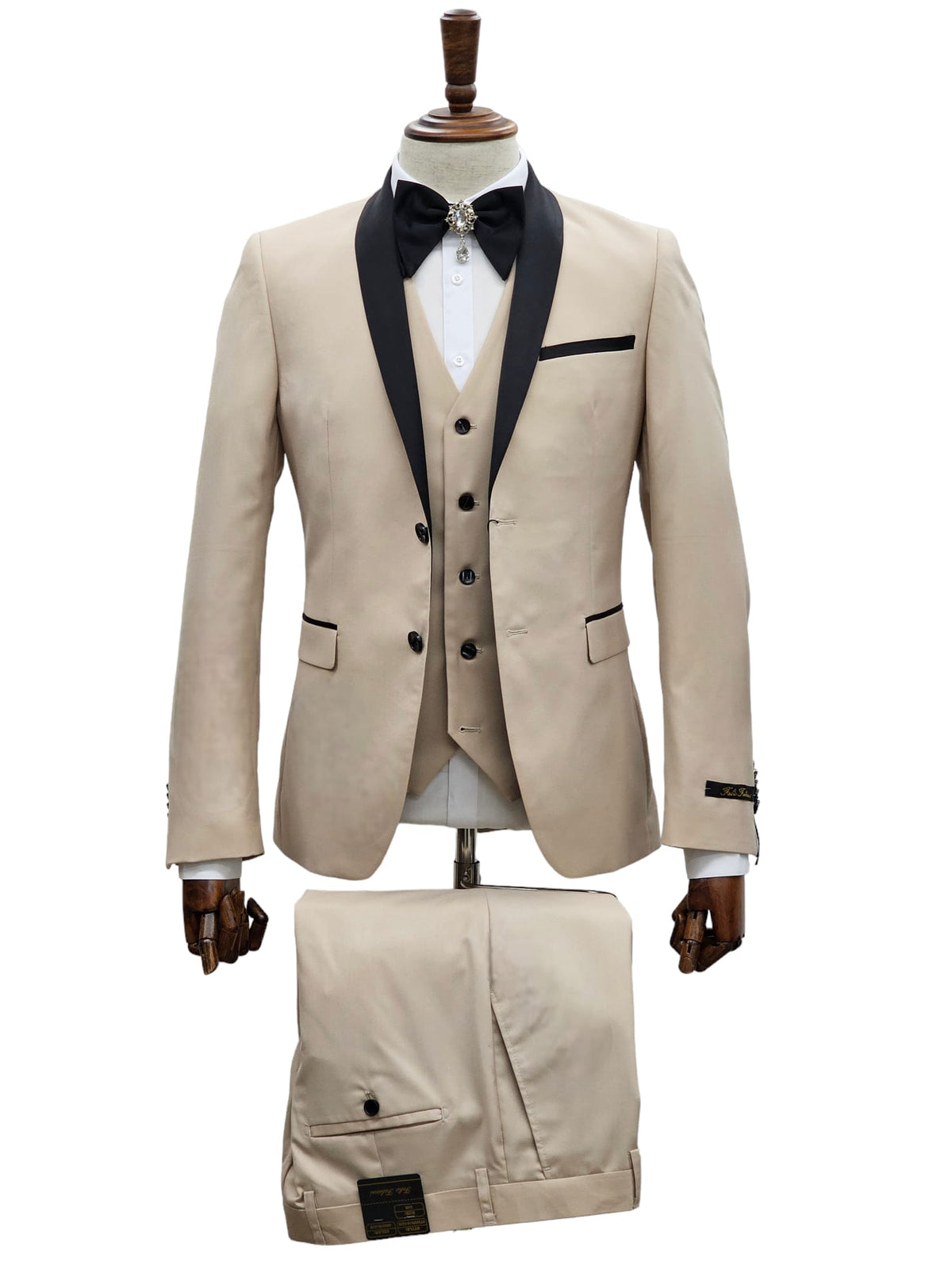 2 Button Sand Slim Fit Suit with Black Shawl Lapel FF2SSX+V-1230