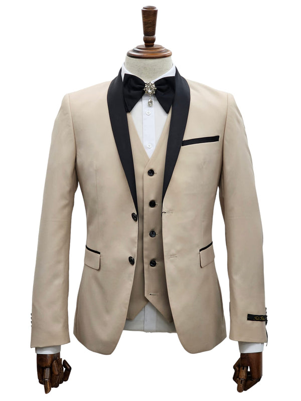 2 Button Sand Slim Fit Suit with Black Shawl Lapel FF2SSX+V-1230