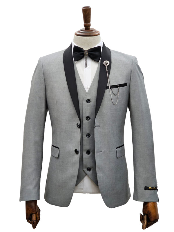 2 Button Silver Slim Fit Suit with Black Shawl Lapel FF2SSX+V-1230